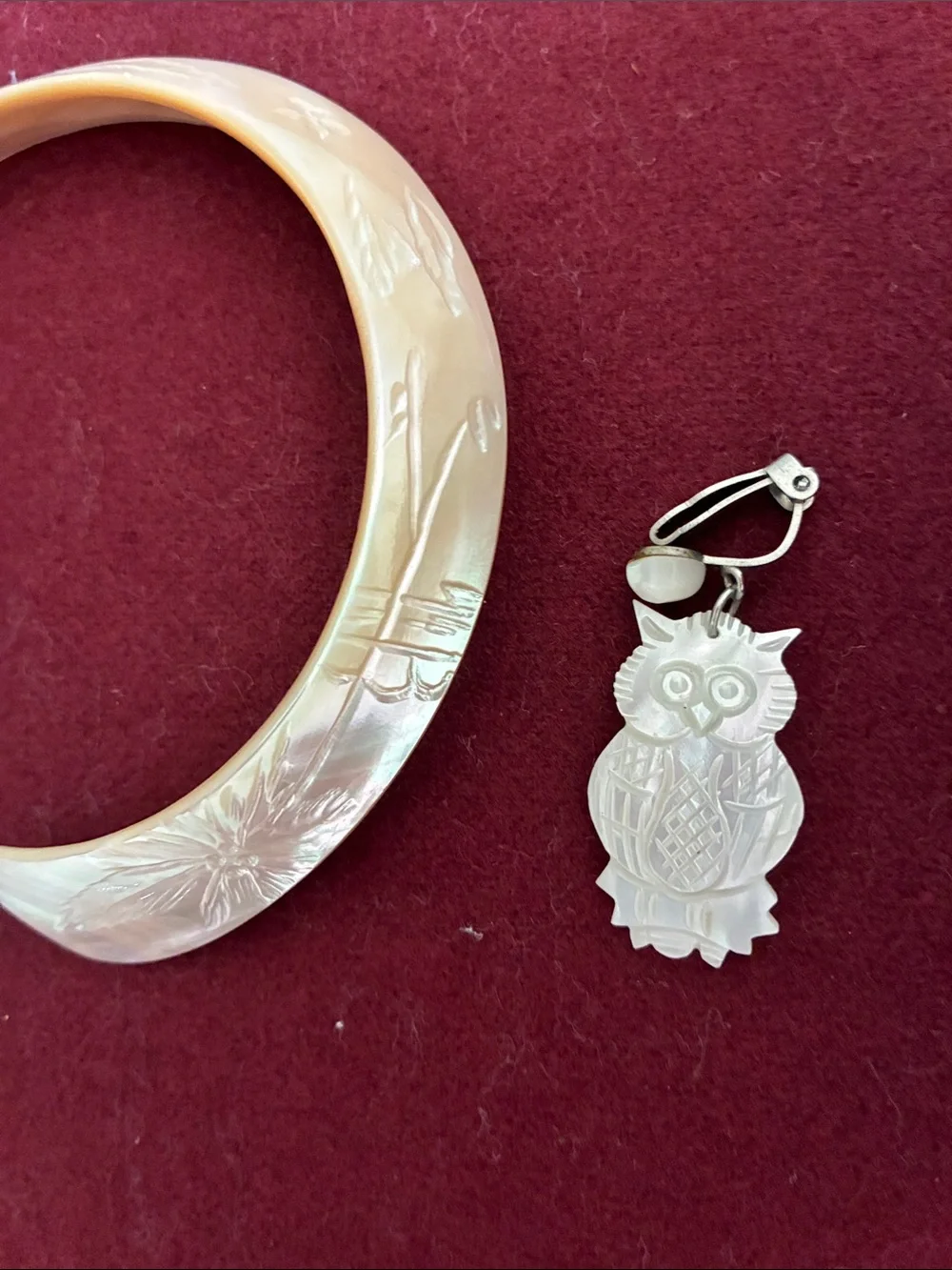 Mother-of-Pearl Crescent Bangle and Owl Drop Earrings Set